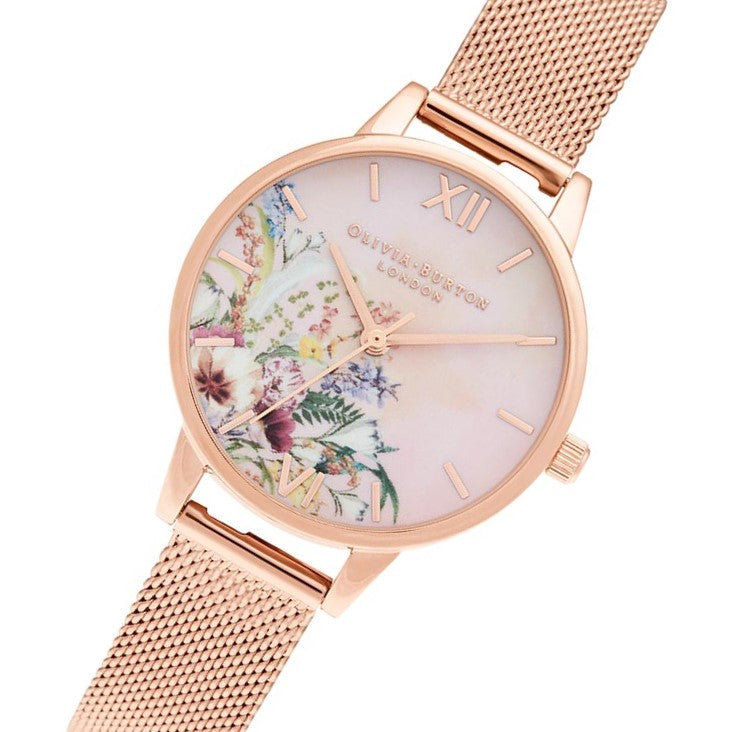 Olivia Burton Enchanted Garden Tie Dye Dial Midi Rose Gold Mesh Women's Watch - OB16EG157