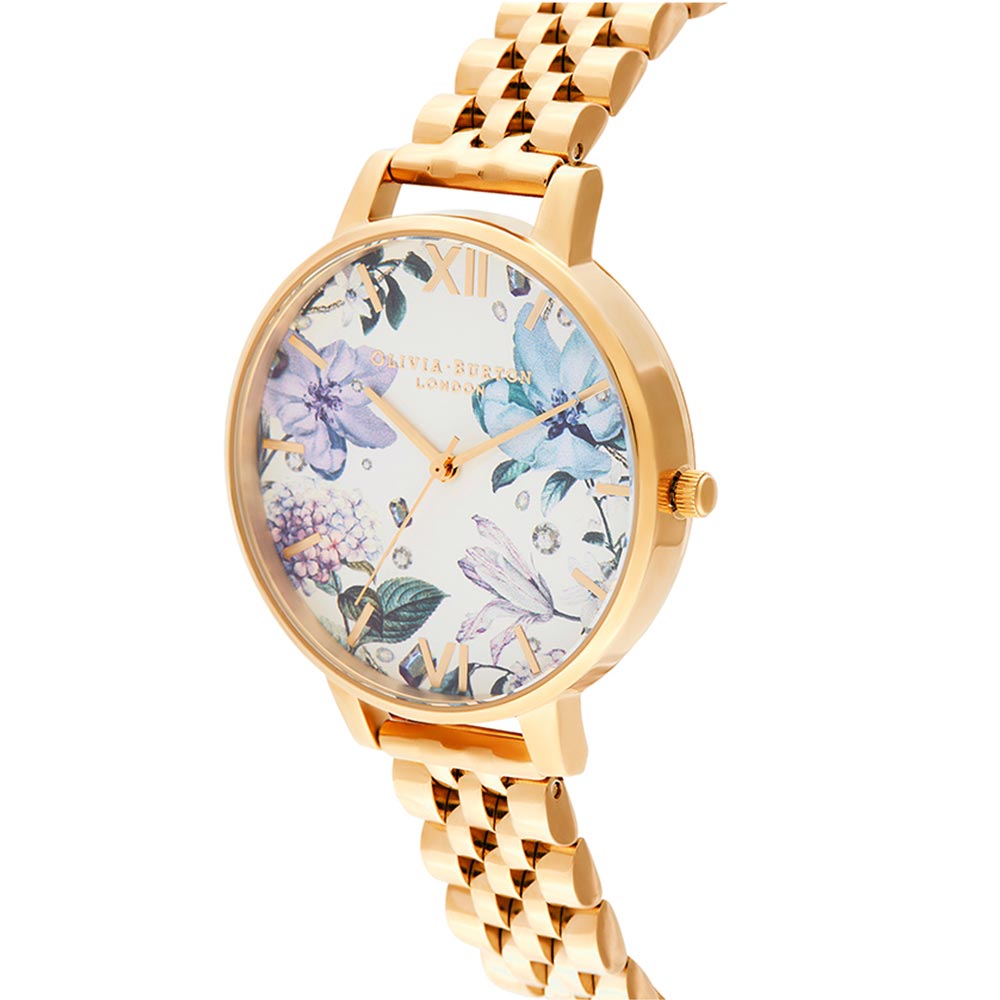 Olivia Burton Bejewelled Gold Steel Floral Dial Women's Watch - OB16EX126