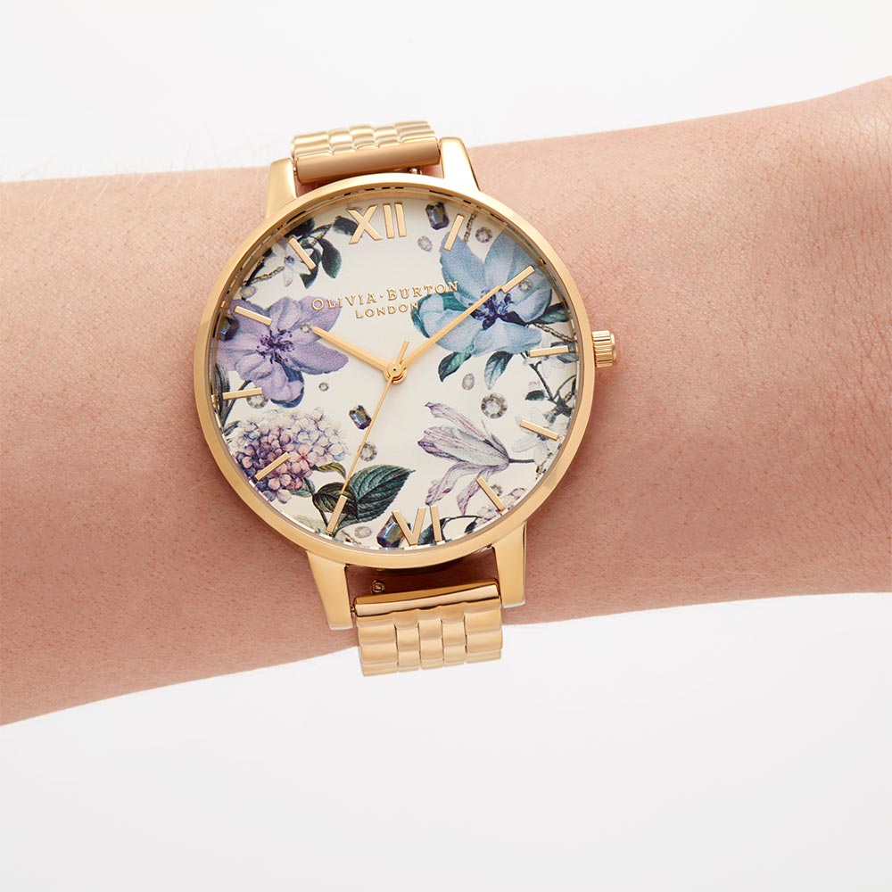 Olivia Burton Bejewelled Gold Steel Floral Dial Women's Watch - OB16EX126