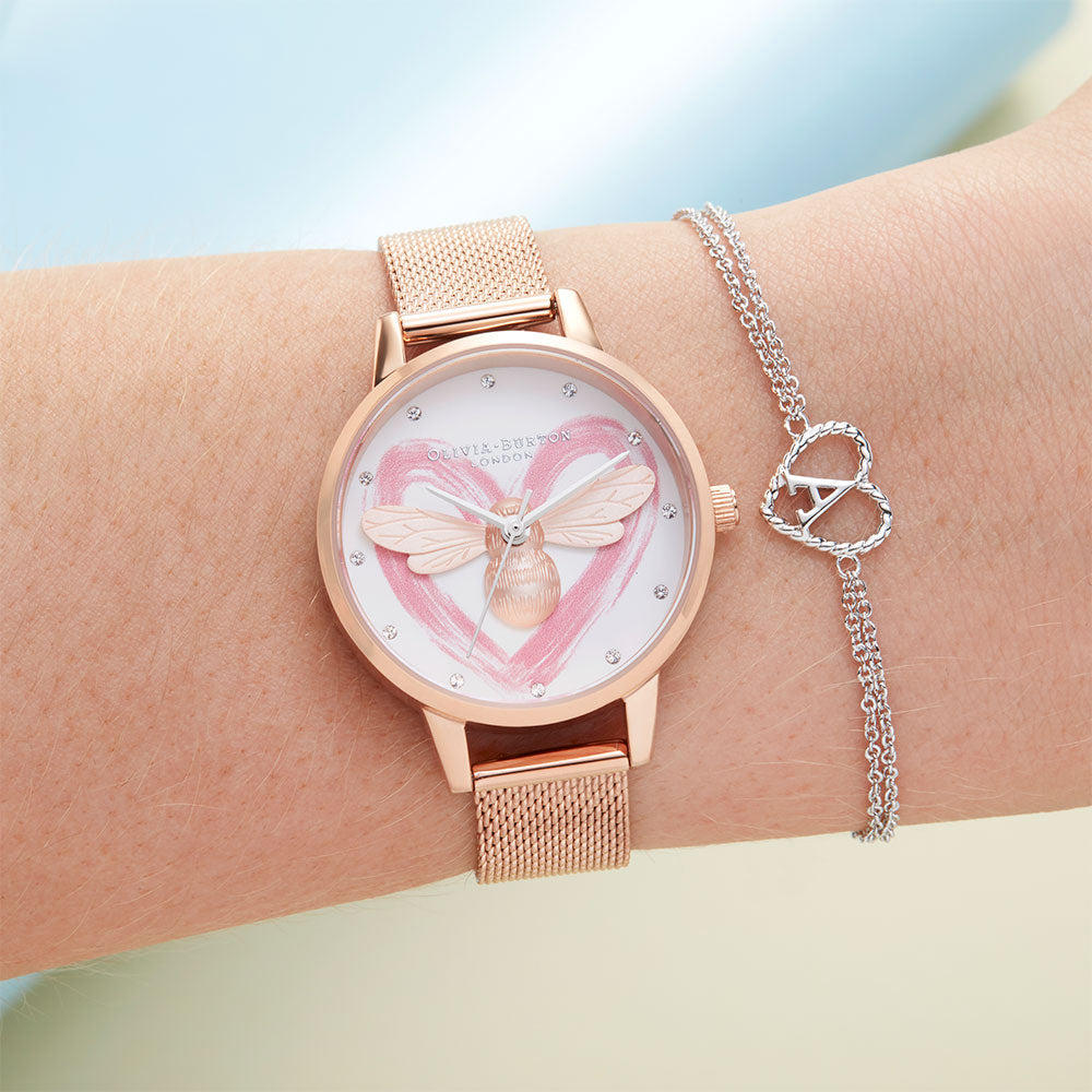 Olivia Burton You Have My Heart Lucky Bee & Rose Gold Mesh Ladies Watch - OB16FB01