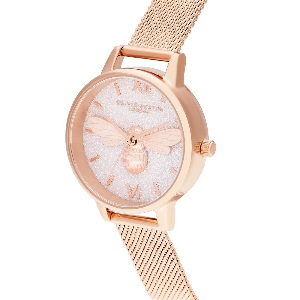 Olivia Burton Glitter Dial Lukcy Bee & Rose Gold Mesh Ladies Olivia Burton Glitter Dial Lukcy Bee & Rose Gold Mesh Ladies