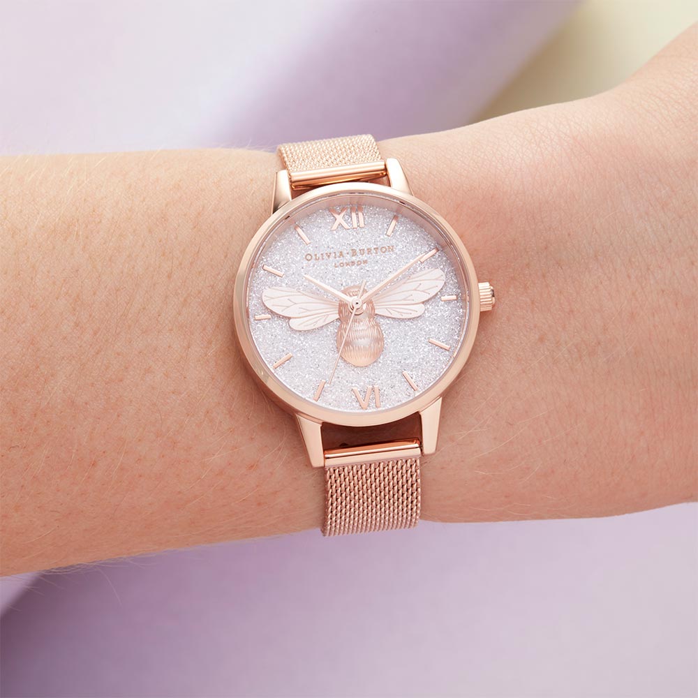 Olivia Burton Glitter Dial Lukcy Bee & Rose Gold Mesh Ladies Watch - OB16FB04