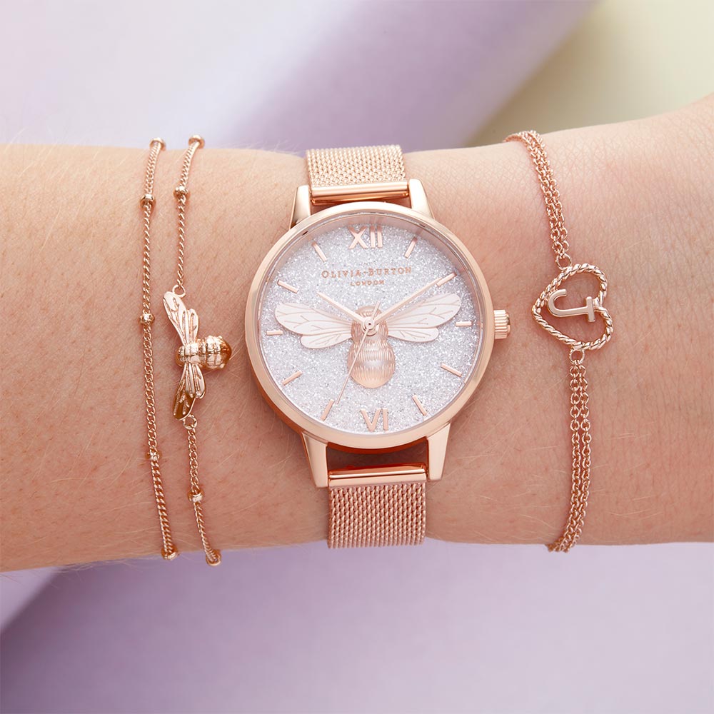 Olivia Burton Glitter Dial Lukcy Bee & Rose Gold Mesh Ladies Watch - OB16FB04