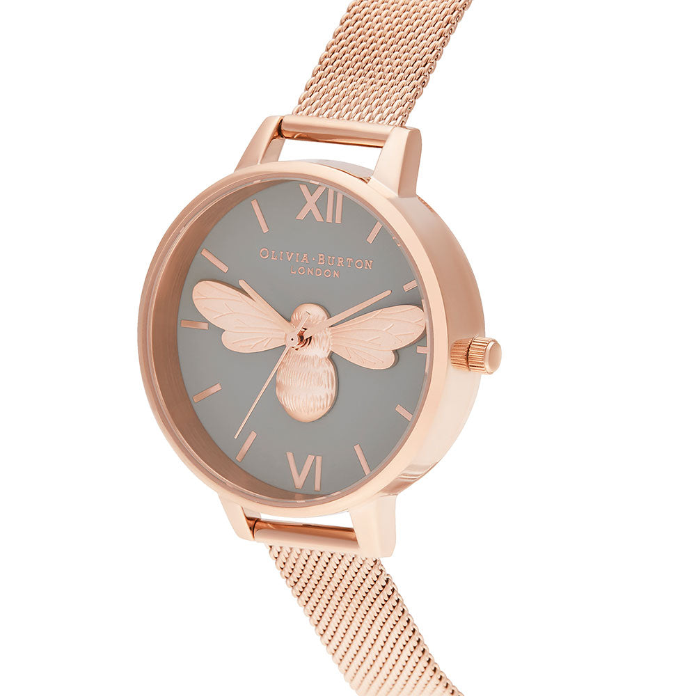 Olivia Burton Lucky Bee, Grey Dial & Rose Gold Mesh Ladies Watch - OB16FB10