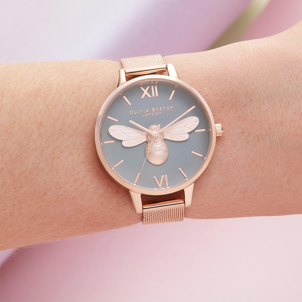 Olivia Burton Lucky Bee, Grey Dial & Rose Gold Mesh Ladies Watch - OB16FB10