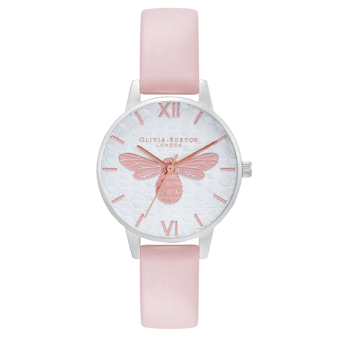 Olivia Burton Honey Bee Midi Dial Silver & Dusty Pink Leather Band Women's Watch - OB16FB25