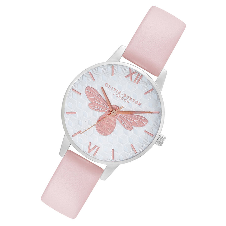 Olivia Burton Honey Bee Midi Dial Silver & Dusty Pink Leather Band Women's Watch - OB16FB25