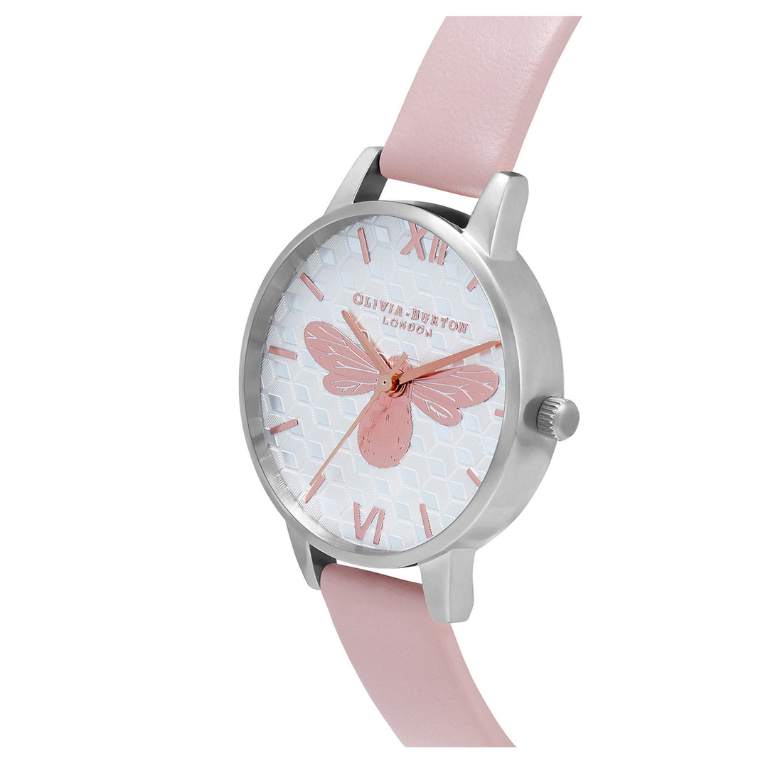 Olivia Burton Honey Bee Midi Dial Silver & Dusty Pink Leather Band Women's Watch - OB16FB25