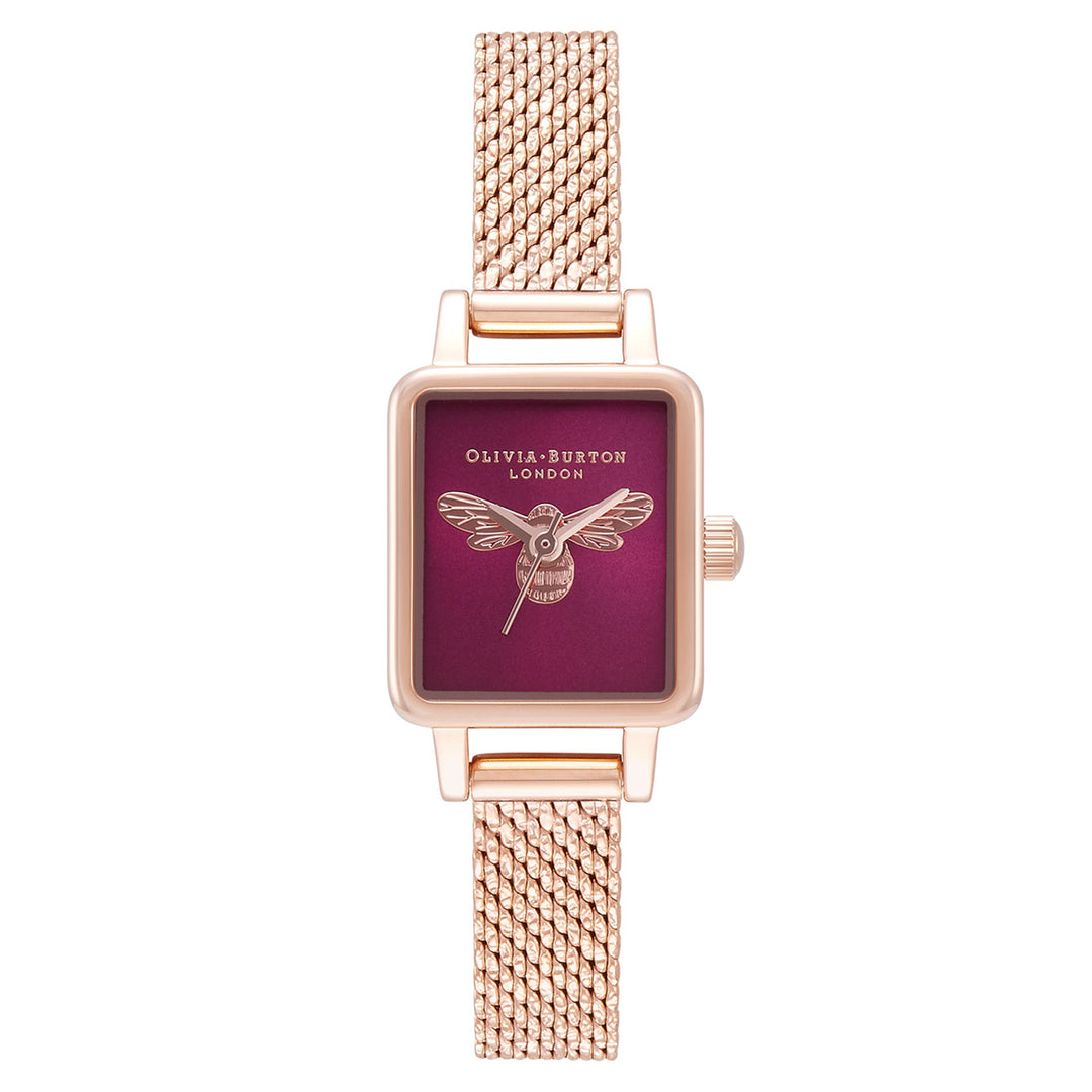 Olivia Burton Lucky Bee Rose Gold Mesh Burgundy Sunray & Bee Dial Women's Watch - OB16FB28