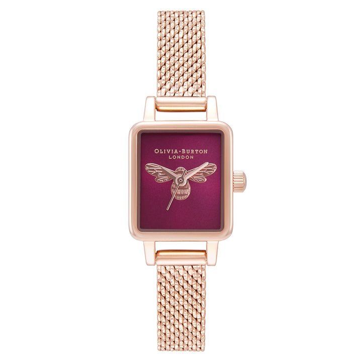 Olivia Burton Lucky Bee Rose Gold Mesh Burgundy Sunray & Bee Dial Women's Watch - OB16FB28