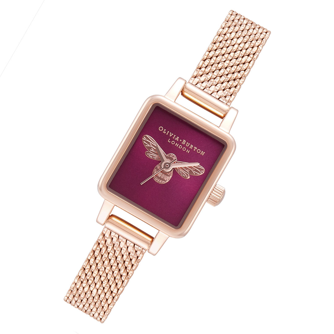 Olivia Burton Lucky Bee Rose Gold Mesh Burgundy Sunray & Bee Dial Women's Watch - OB16FB28