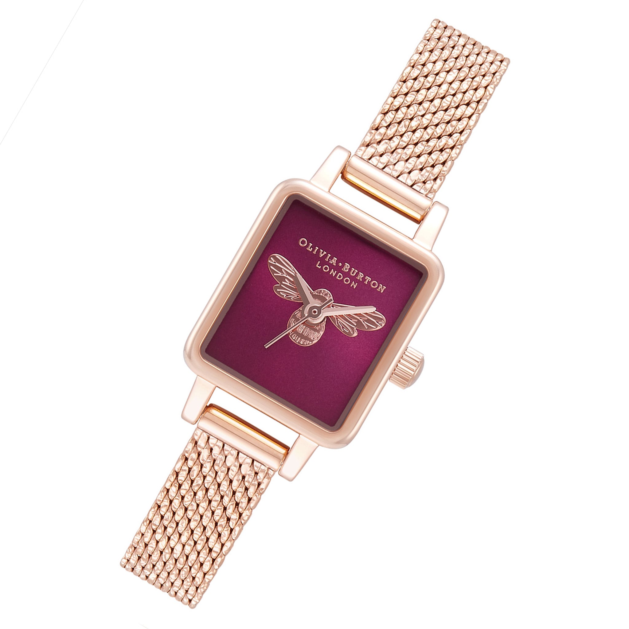 Olivia Burton Lucky Bee Rose Gold Mesh Burgundy Sunray & Bee Dial Women's Watch - OB16FB28