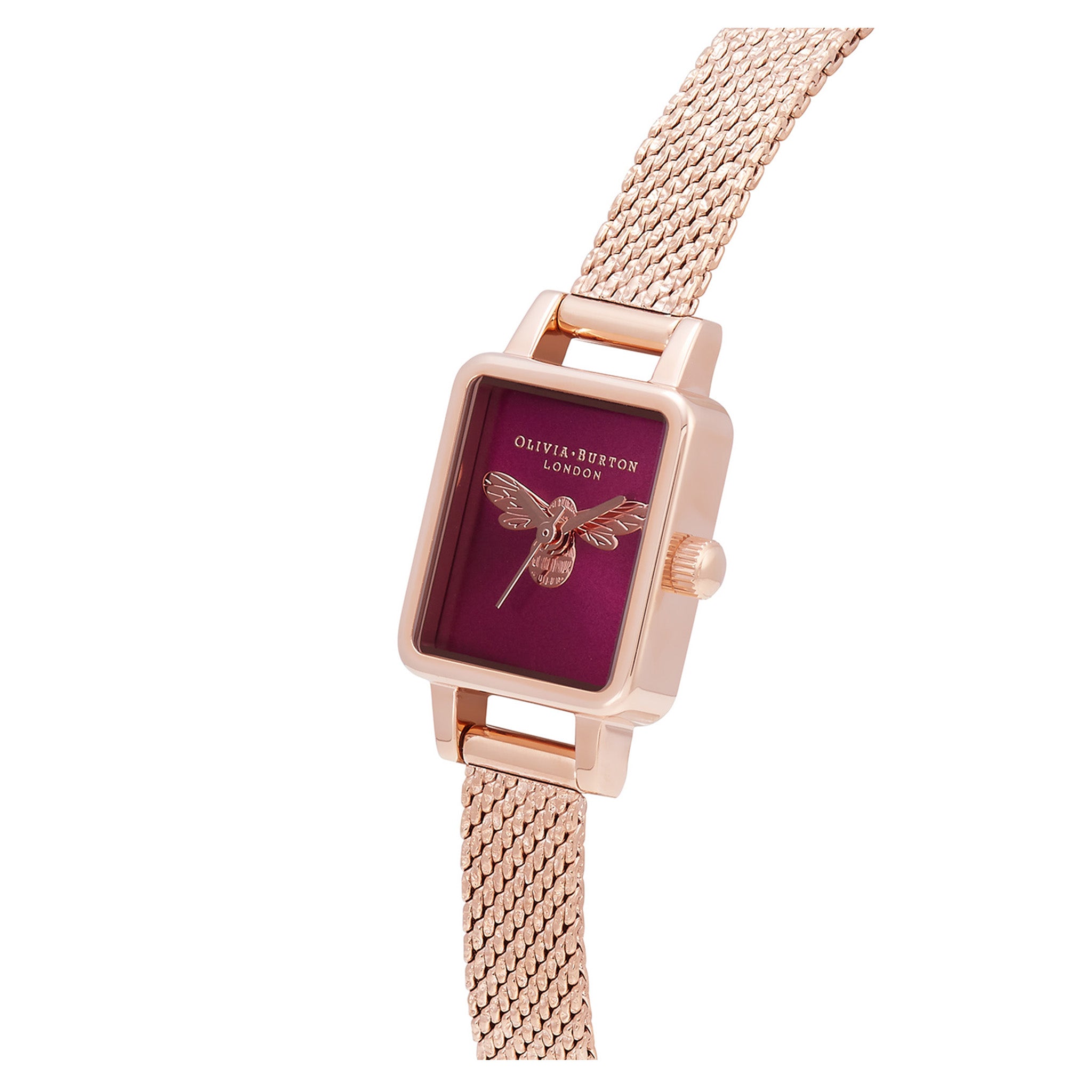 Olivia Burton Lucky Bee Rose Gold Mesh Burgundy Sunray & Bee Dial Women's Watch - OB16FB28
