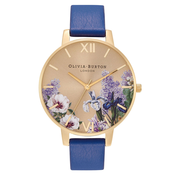 Olivia Burton Secret Garden Big Dial Gold & Navy Eco Vegan Leather Band Women's Watch - OB16FS108