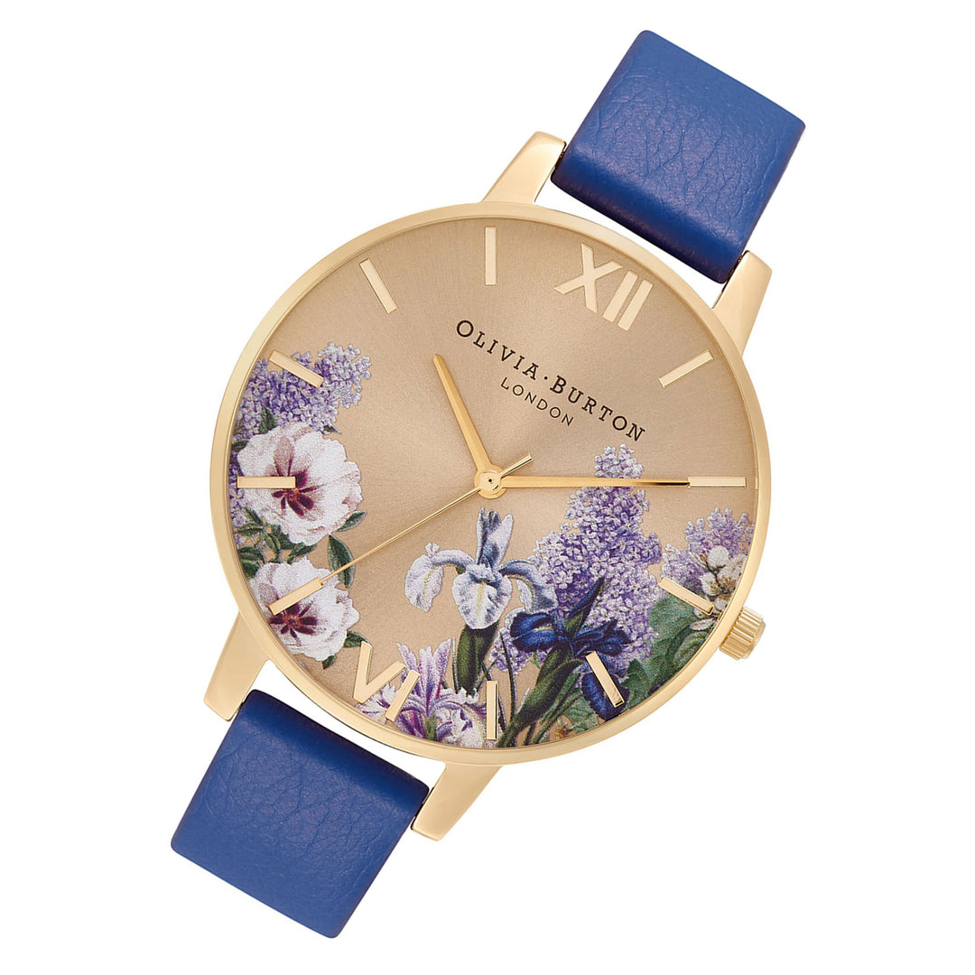 Olivia Burton Secret Garden Big Dial Gold & Navy Eco Vegan Leather Band Women's Watch - OB16FS108