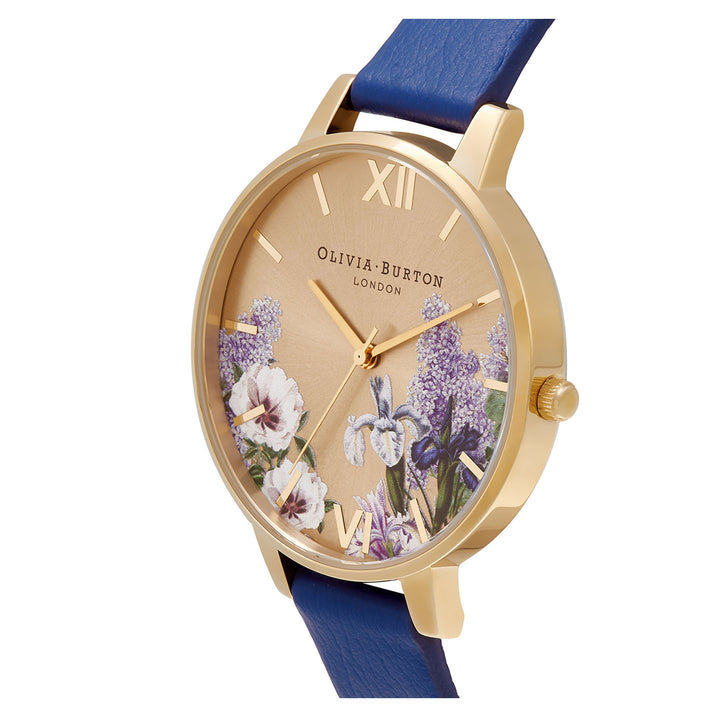 Olivia Burton Secret Garden Big Dial Gold & Navy Eco Vegan Leather Band Women's Watch - OB16FS108