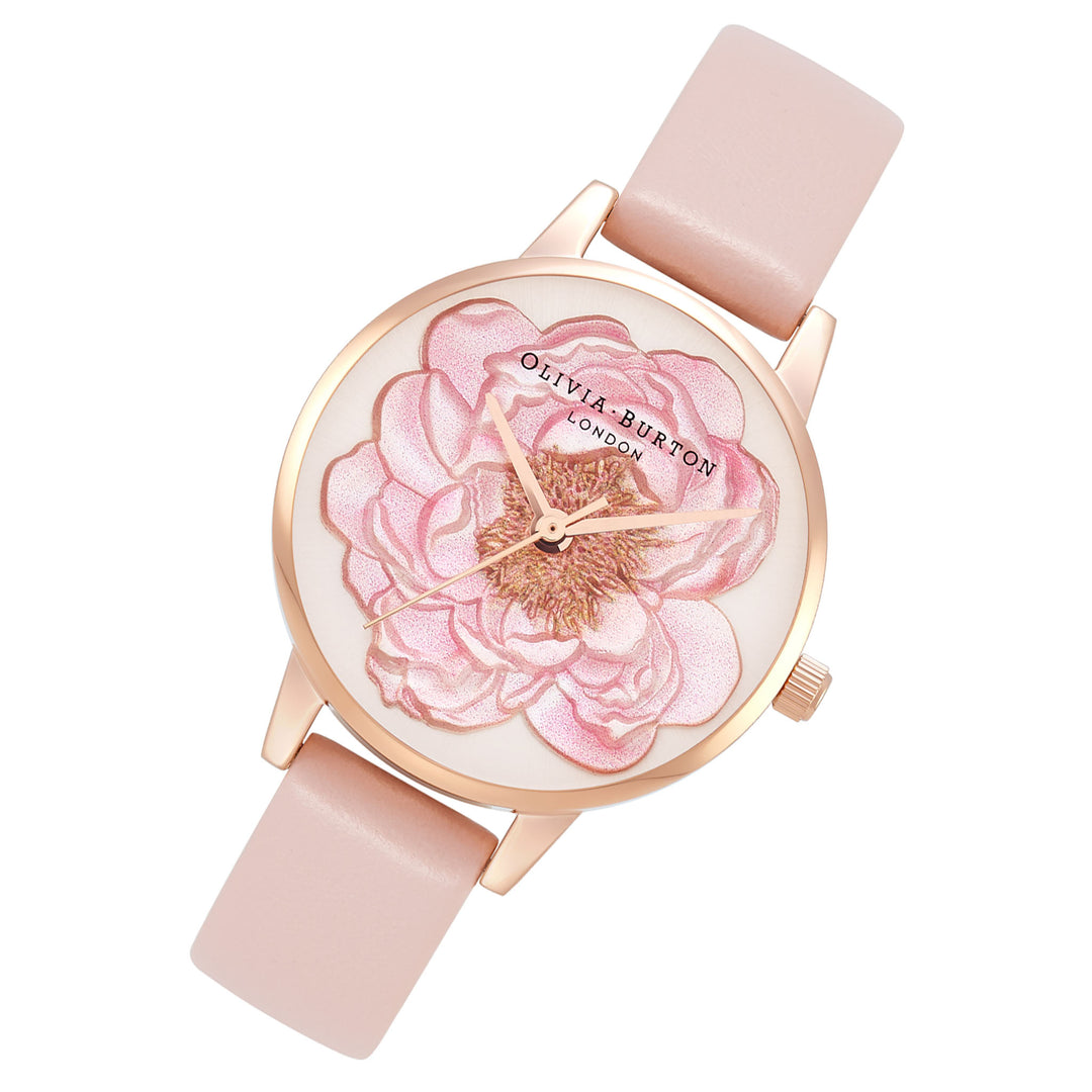 Olivia Burton Dusty Pink Leather Silver White Sunray & 3D Blossom Dial Women's Watch - OB16FS111