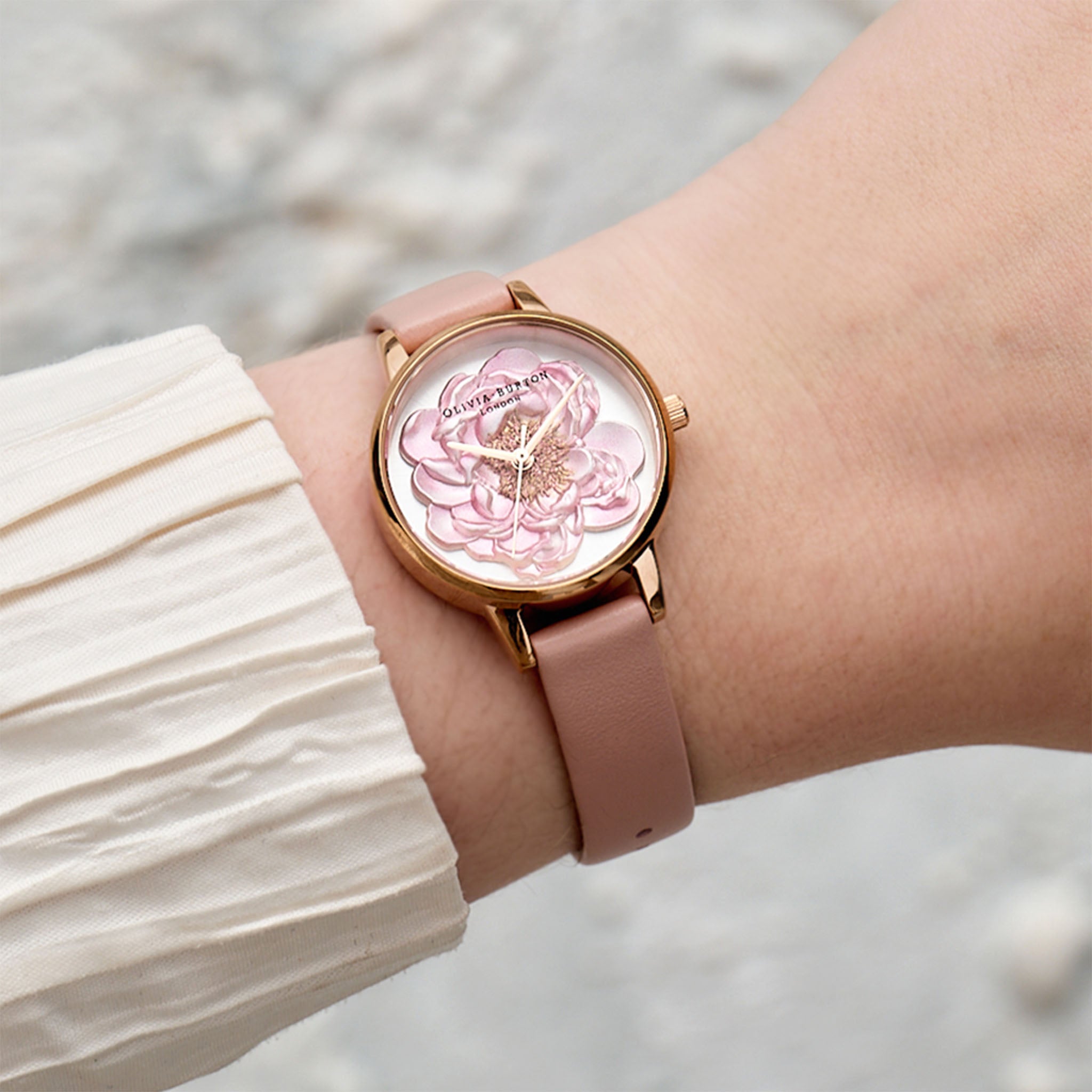 Olivia Burton Dusty Pink Leather Silver White Sunray & 3D Blossom Dial Women's Watch - OB16FS111