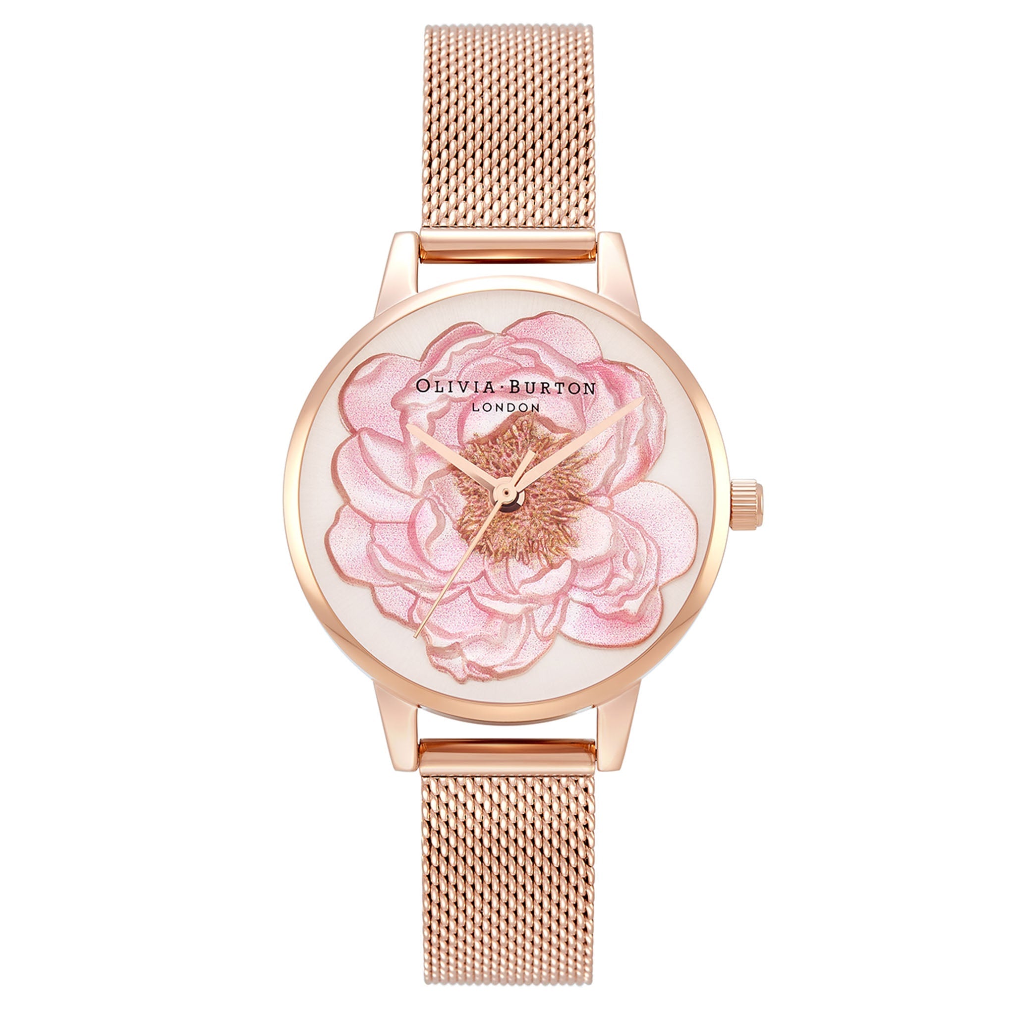 Olivia Burton Rose Gold Steel Mesh Silver White Sunray & 3D Blossom Dial Women's Watch - OB16FS112