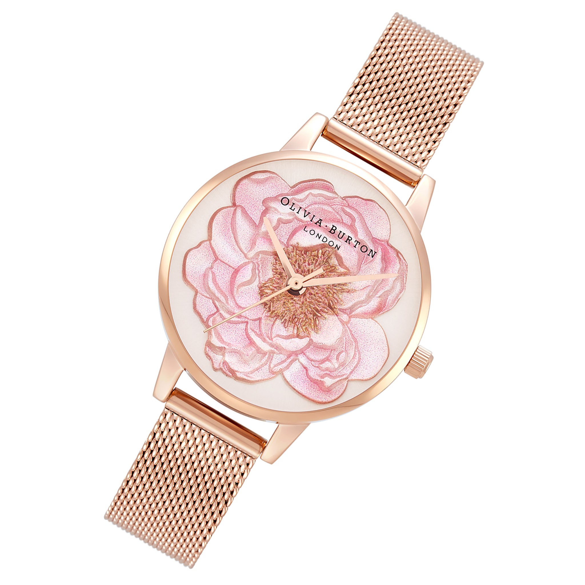 Olivia Burton Rose Gold Steel Mesh Silver White Sunray & 3D Blossom Dial Women's Watch - OB16FS112