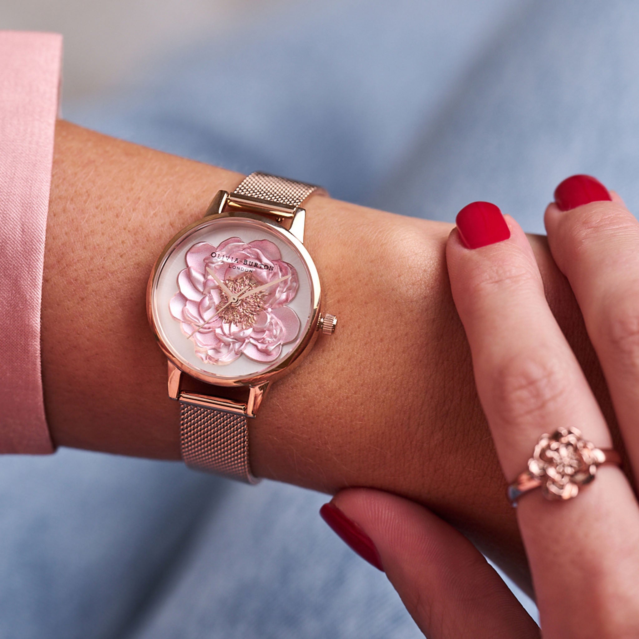 Olivia Burton Rose Gold Steel Mesh Silver White Sunray & 3D Blossom Dial Women's Watch - OB16FS112