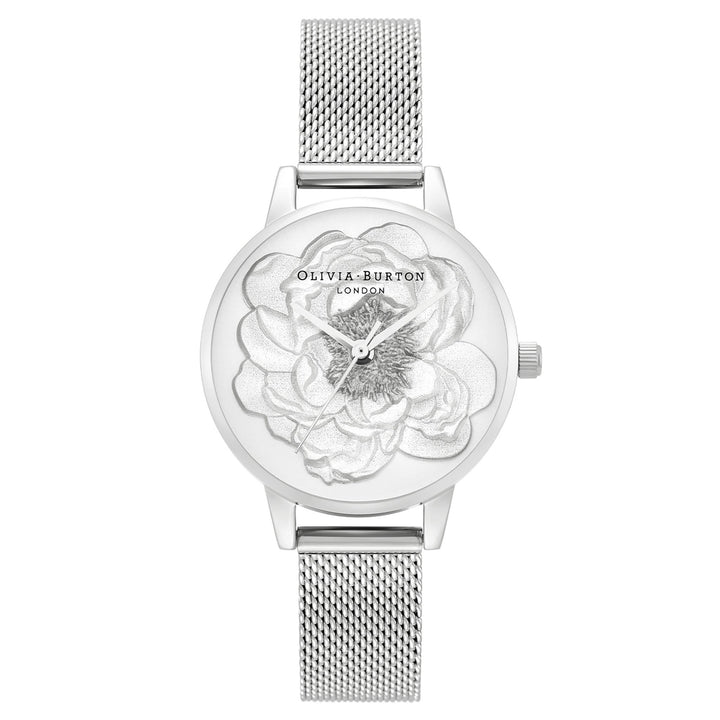 Olivia Burton Stainless Steel Mesh Silver White Sunray & 3D Sparkle Blossom Dial Women's Watch - OB16FS113