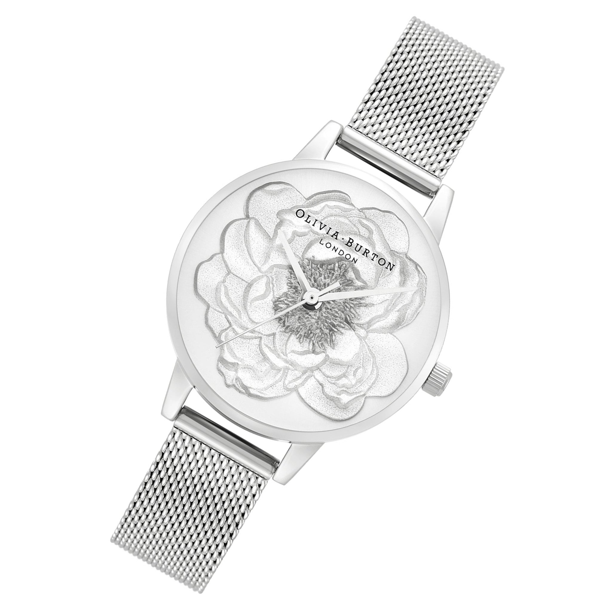 Olivia Burton Stainless Steel Mesh Silver White Sunray & 3D Sparkle Blossom Dial Women's Watch - OB16FS113