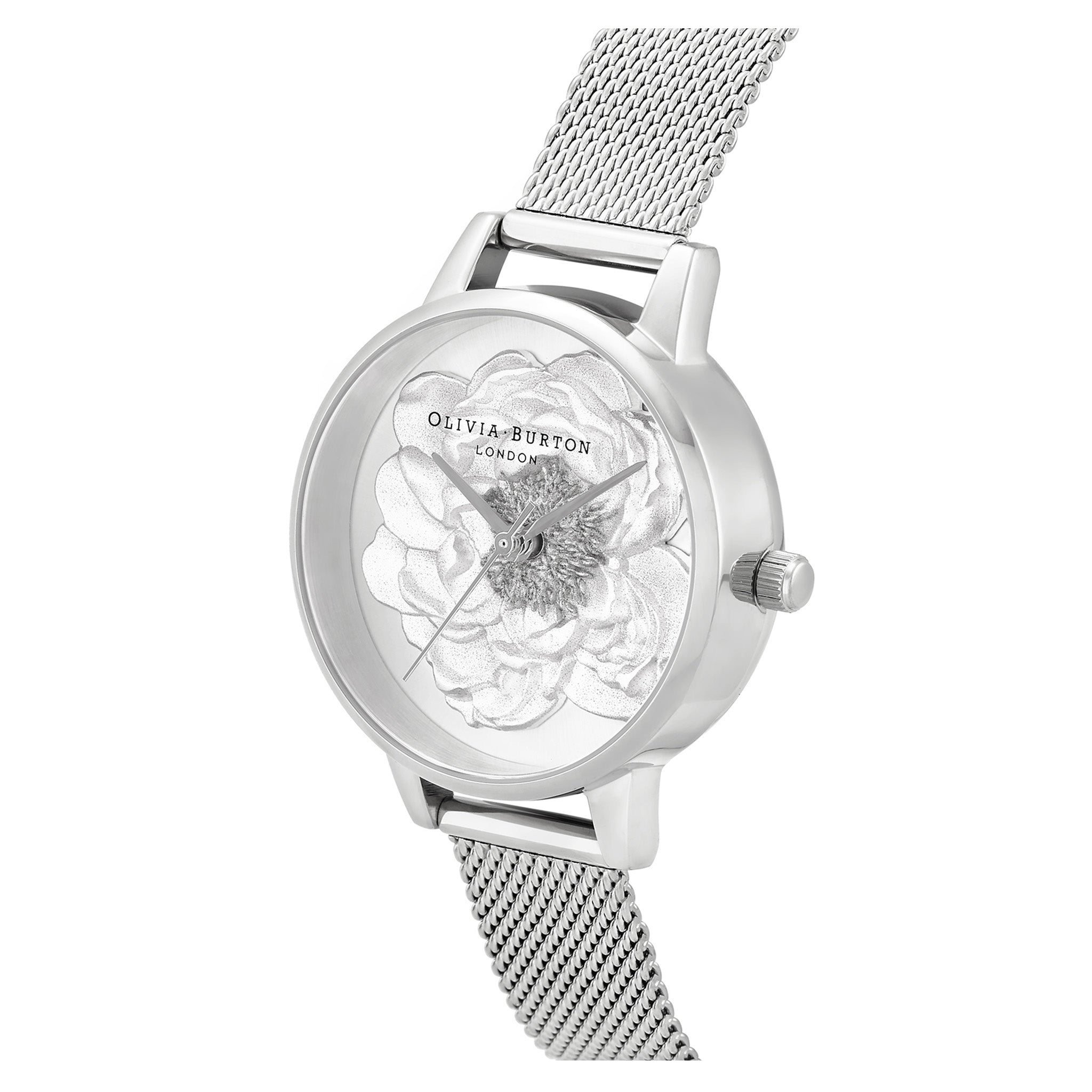 Olivia Burton Stainless Steel Mesh Silver White Sunray & 3D Sparkle Blossom Dial Women's Watch - OB16FS113