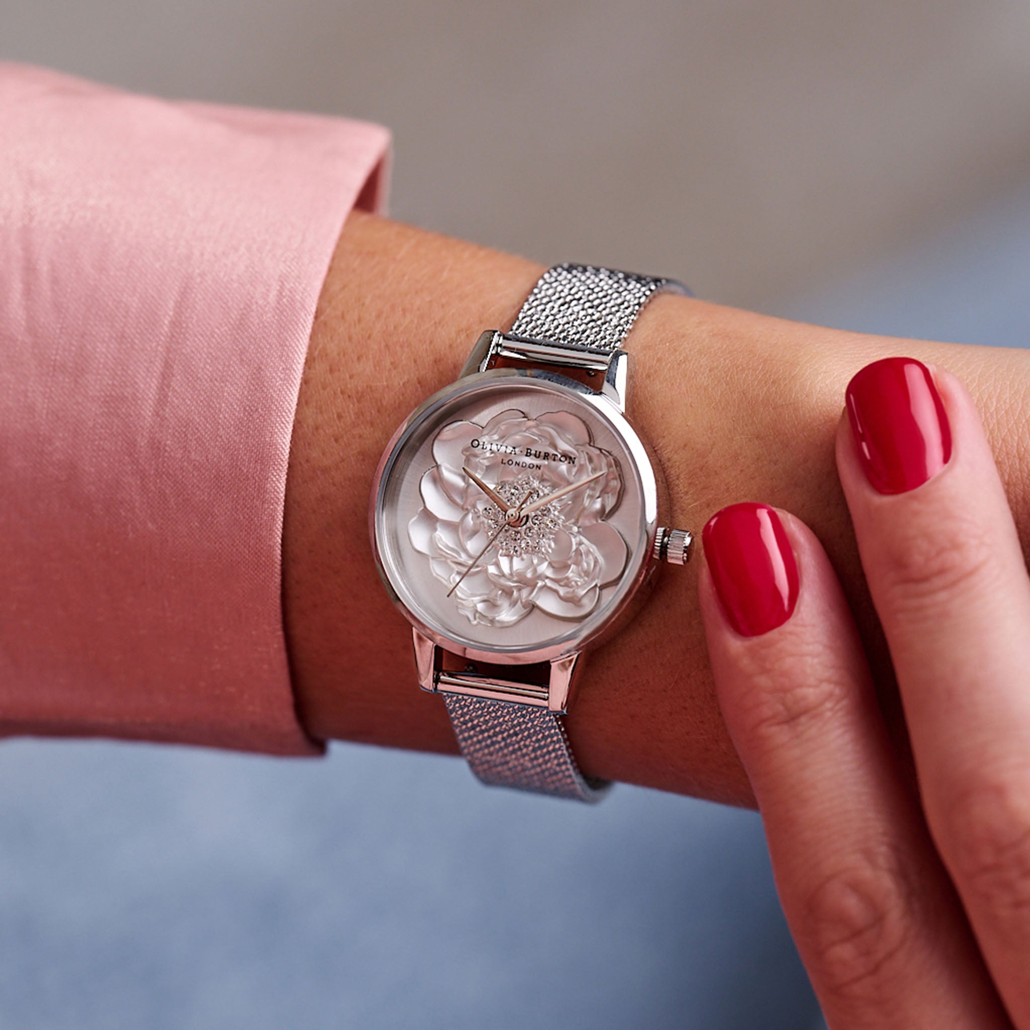 Olivia Burton Stainless Steel Mesh Silver White Sunray & 3D Sparkle Blossom Dial Women's Watch - OB16FS113