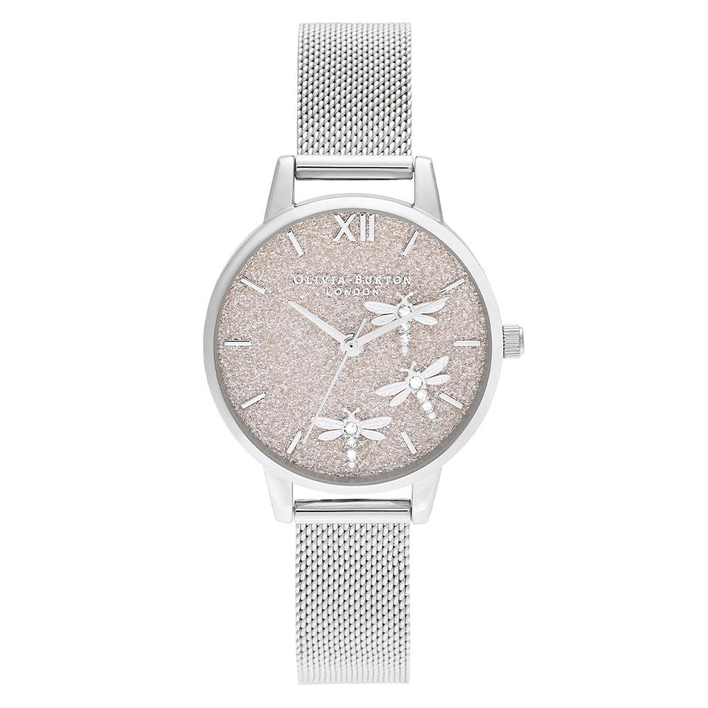Olivia Burton Dancing Dragonfly Blush Glitter Dial & Silver Mesh Ladies Watch - OB16GB02