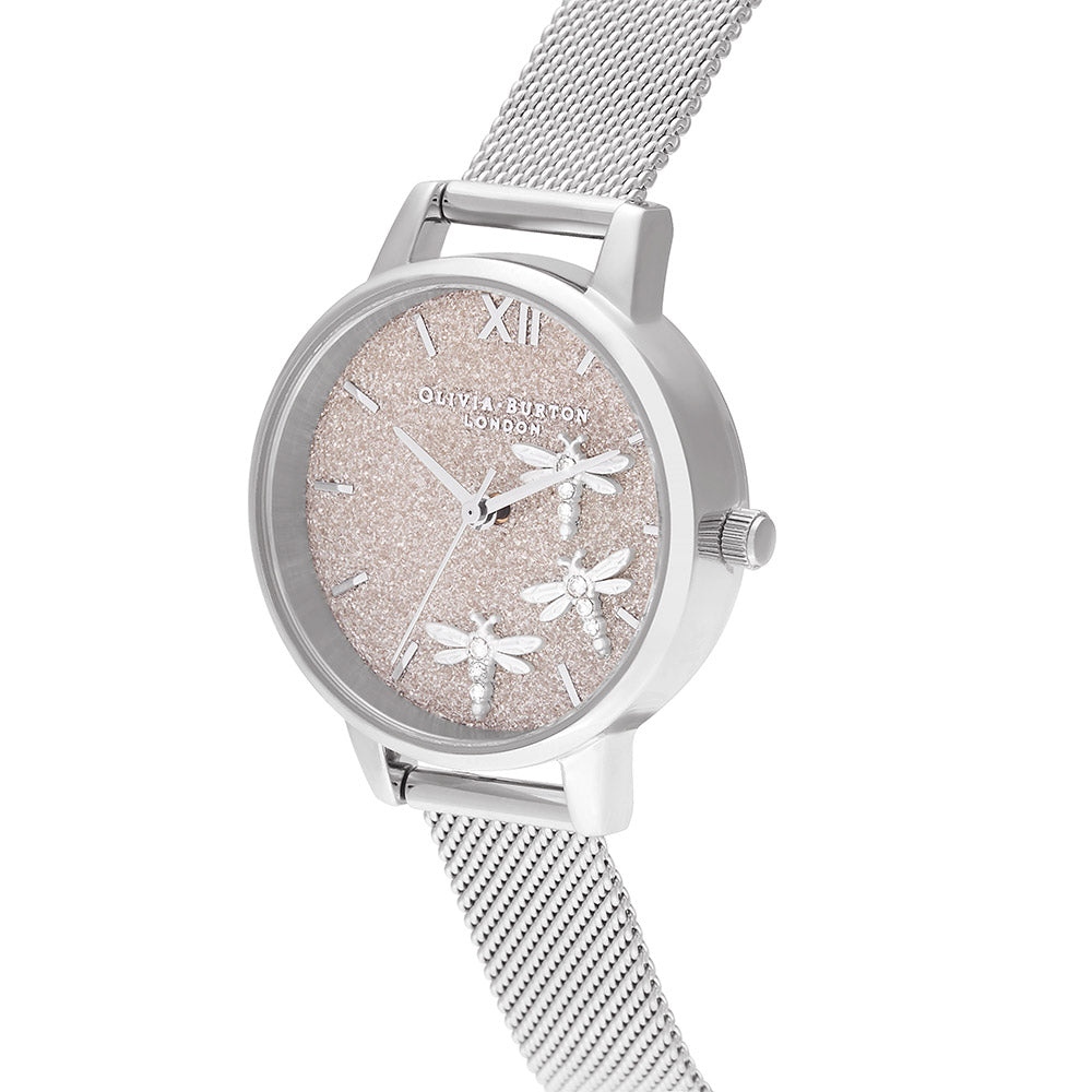 Olivia Burton Dancing Dragonfly Blush Glitter Dial & Silver Mesh Ladies Watch - OB16GB02