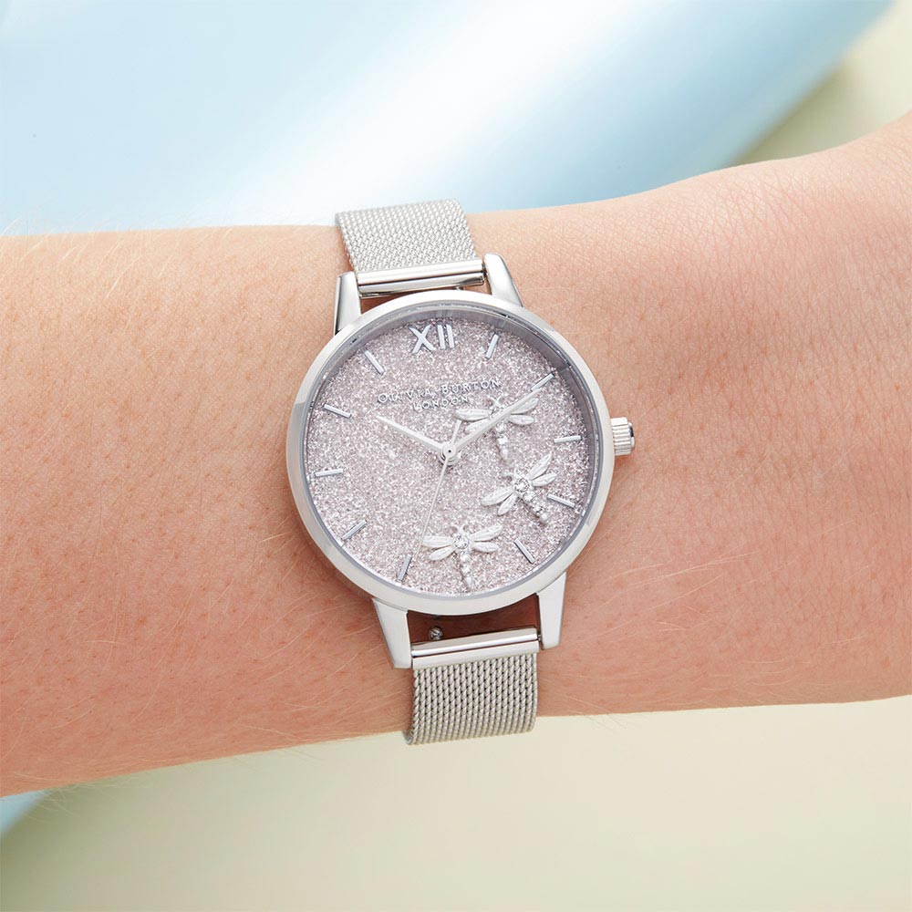 Olivia Burton Dancing Dragonfly Blush Glitter Dial & Silver Mesh Ladies Watch - OB16GB02
