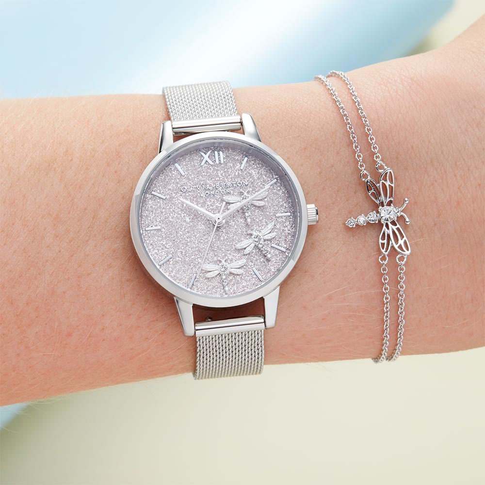 Olivia Burton Dancing Dragonfly Blush Glitter Dial & Silver Mesh Ladies Watch - OB16GB02
