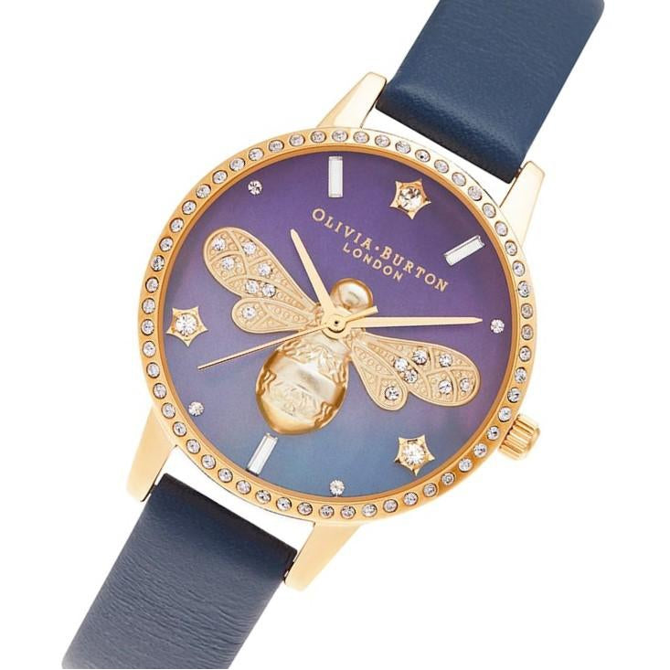 Olivia Burton Sparkle Bee Navy Leather Women's Watch - OB16GB06