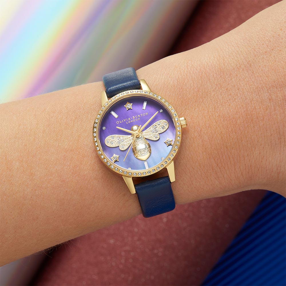 Olivia Burton Sparkle Bee Navy Leather Women's Watch - OB16GB06