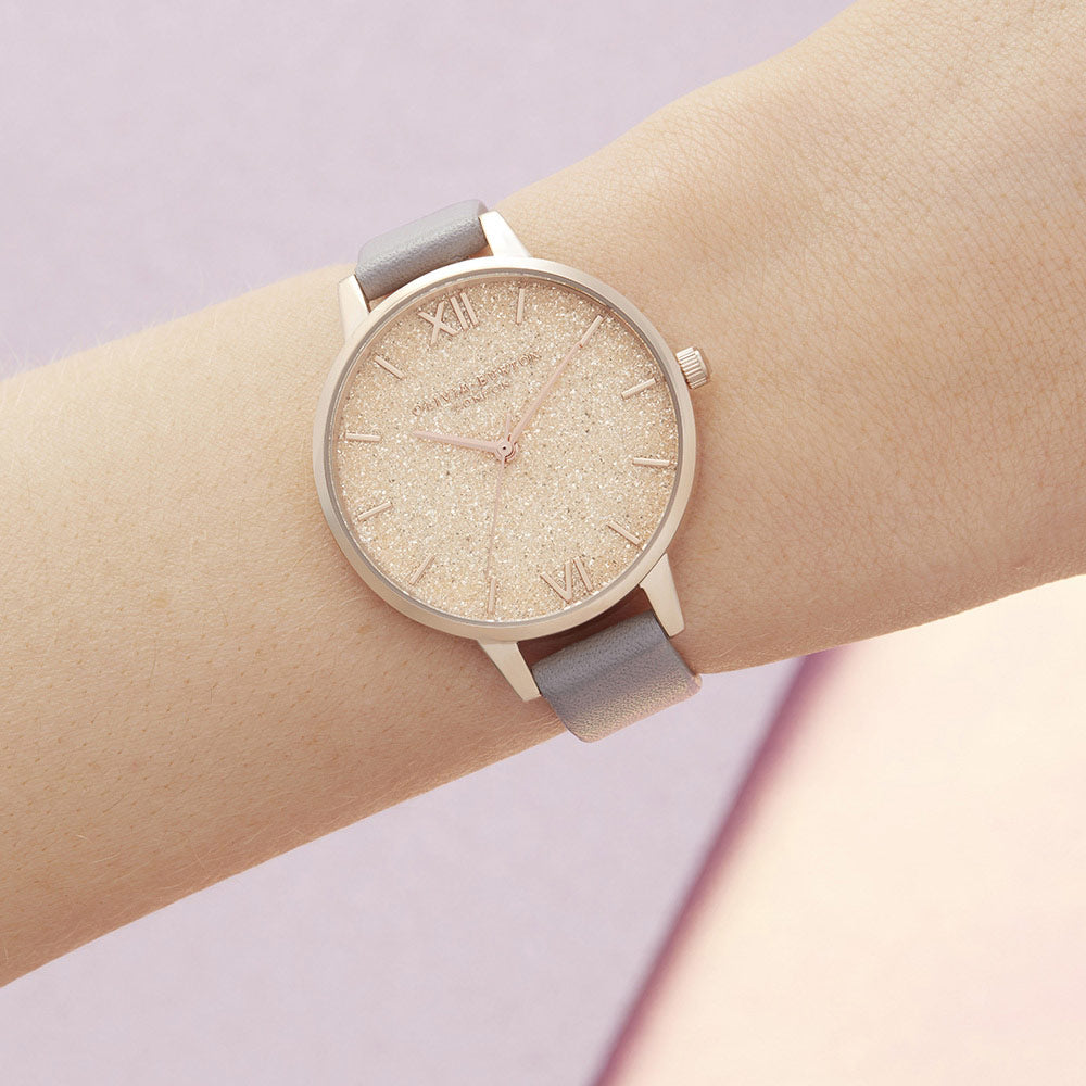 Olivia Burton Glitter Bee Grey Lilac Leather Women's Watch - OB16GD45