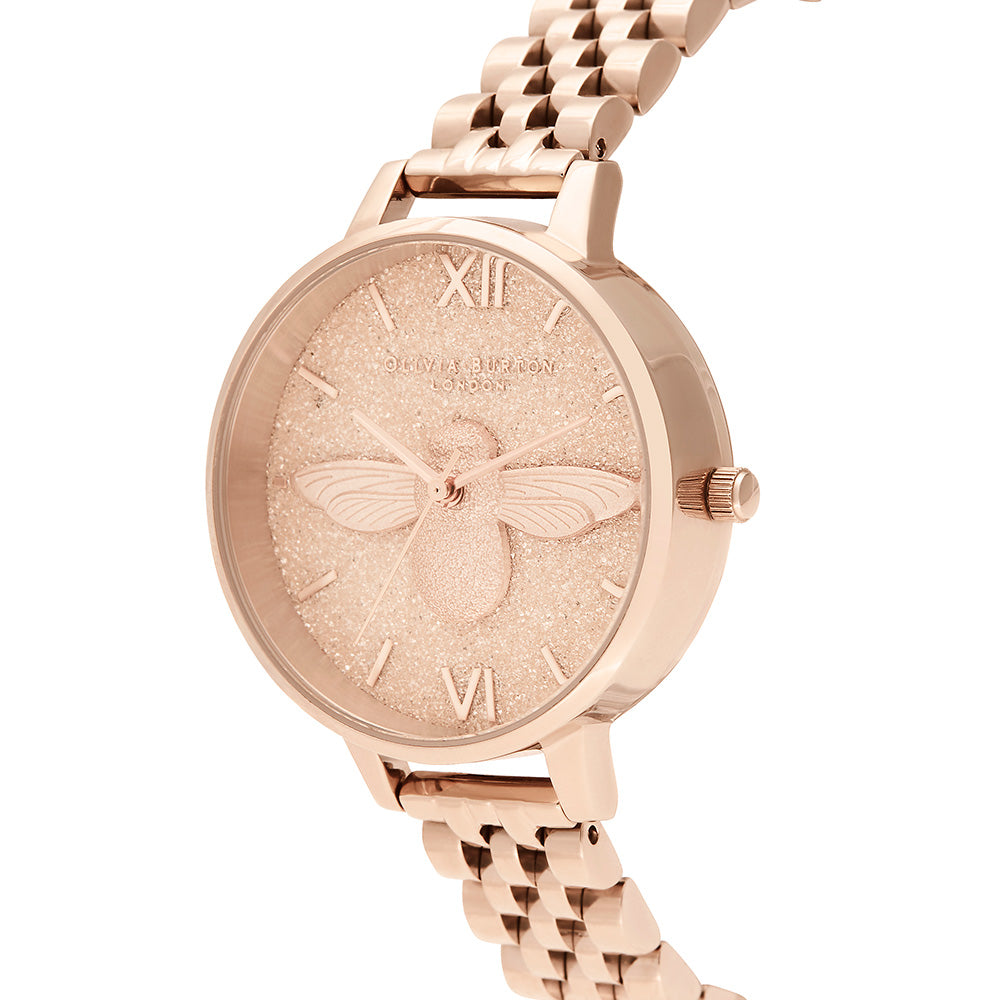 Olivia Burton Glitter 3D Bee Pale Rose Gold Bracelet Ladies Watch - OB16GD46