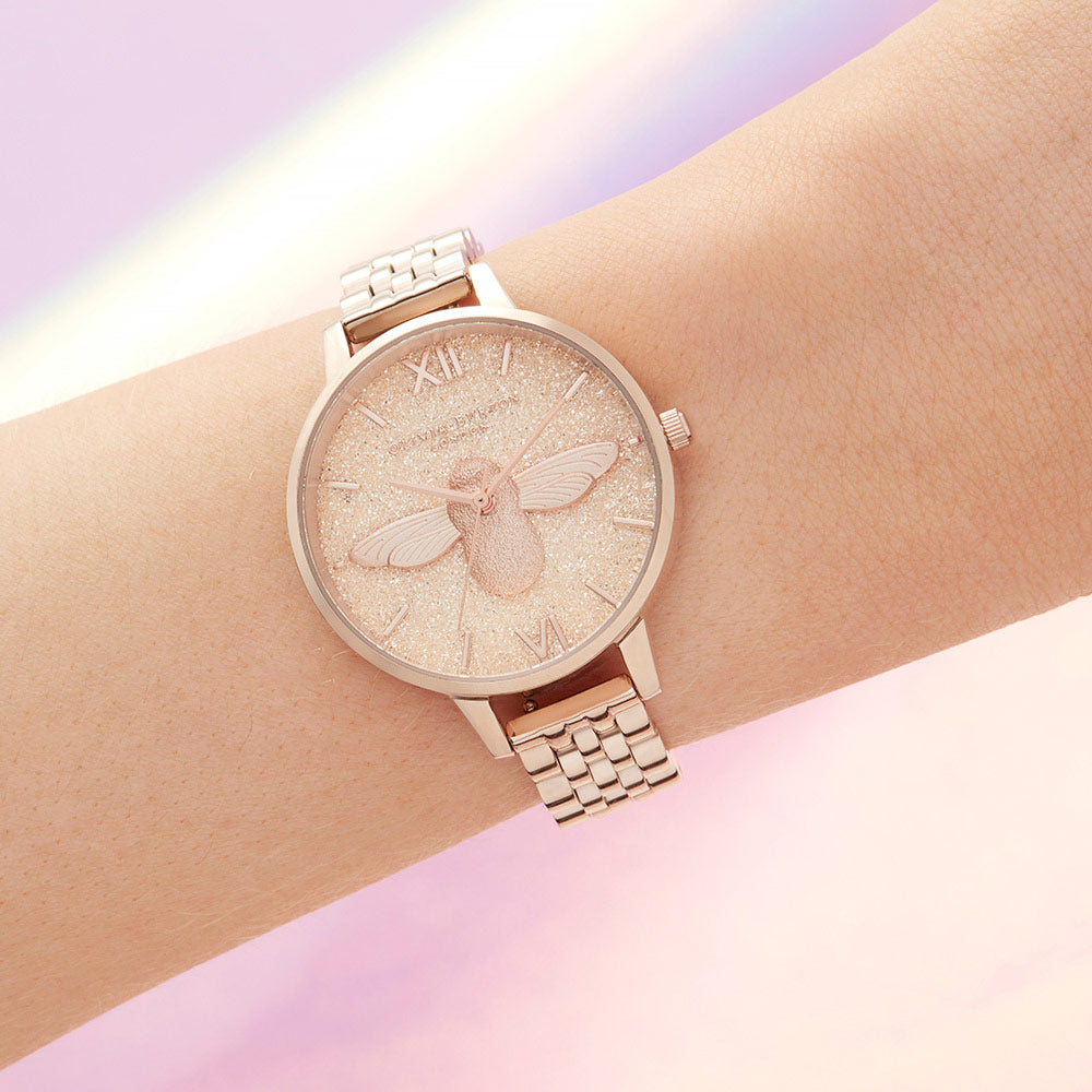 Olivia Burton Glitter 3D Bee Pale Rose Gold Bracelet Ladies Watch - OB16GD46