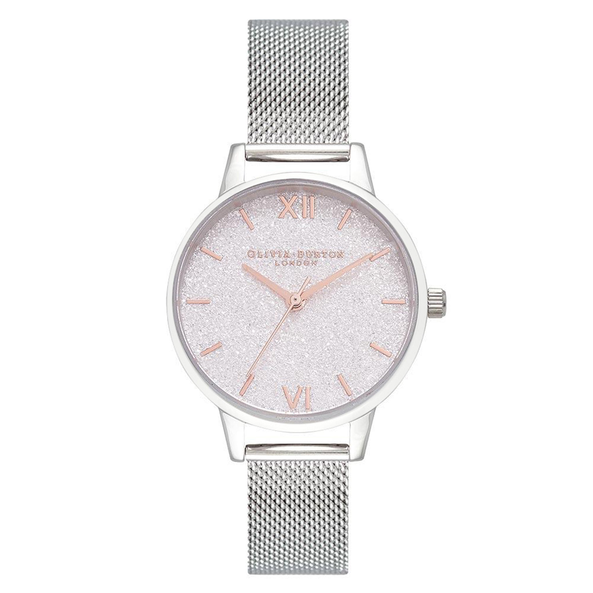 Olivia Burton Midi Silver Mesh White Glitter Dial Women's Watch - OB16GD47