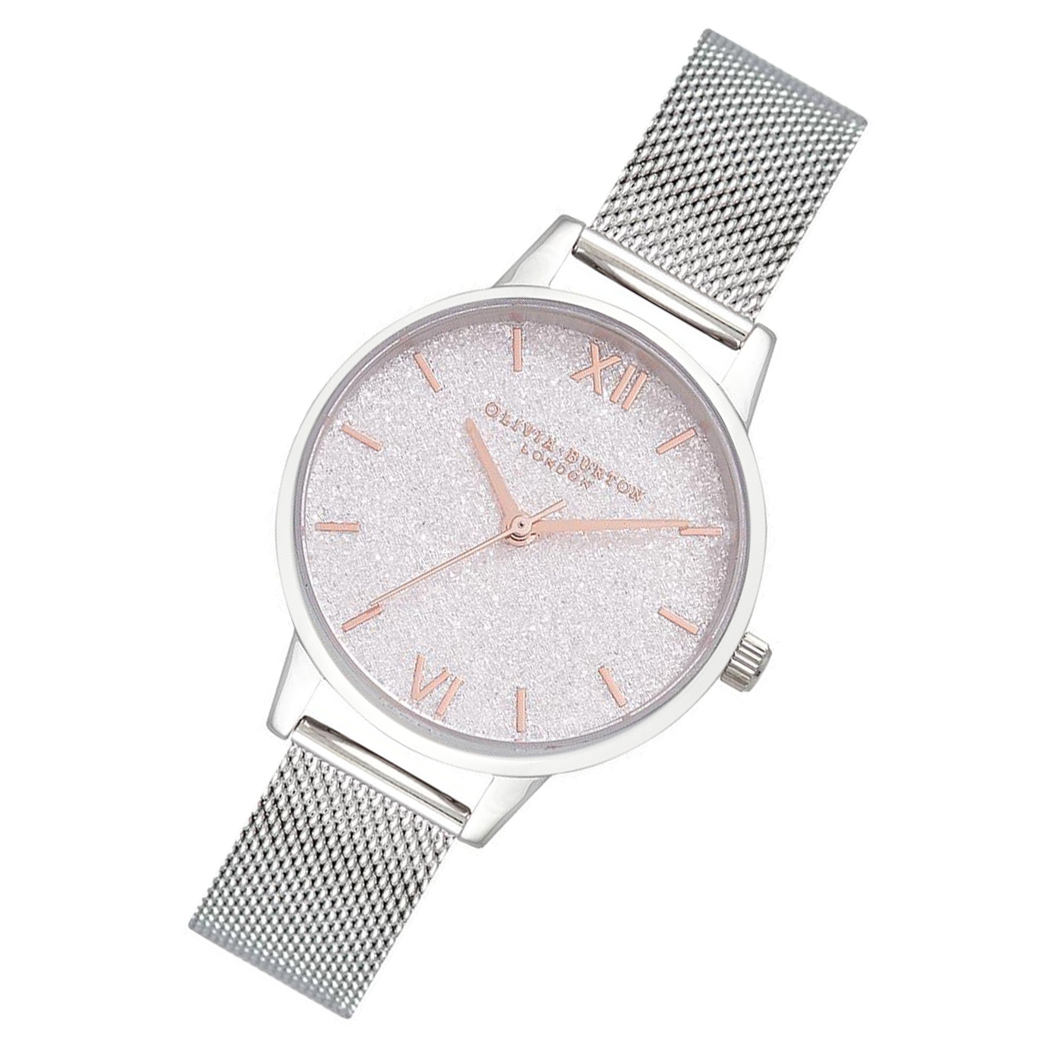 Olivia Burton Midi Silver Mesh White Glitter Dial Women's Watch - OB16GD47