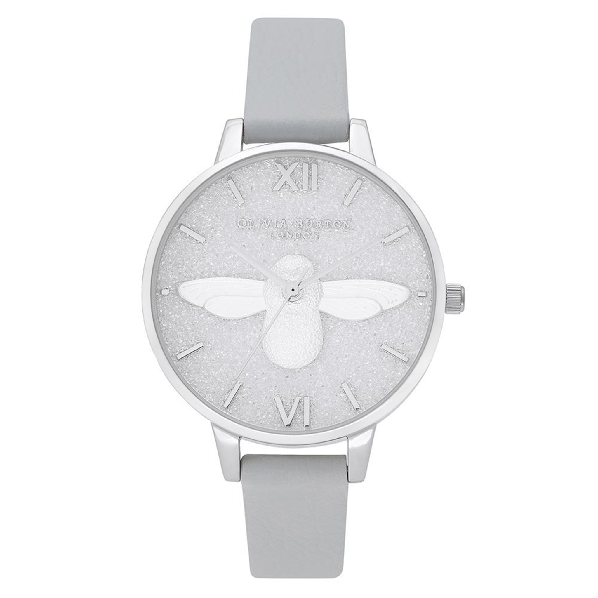 Olivia Burton 3D Bee Glitter Eco Light Grey Leather Women's Watch - OB16GD52