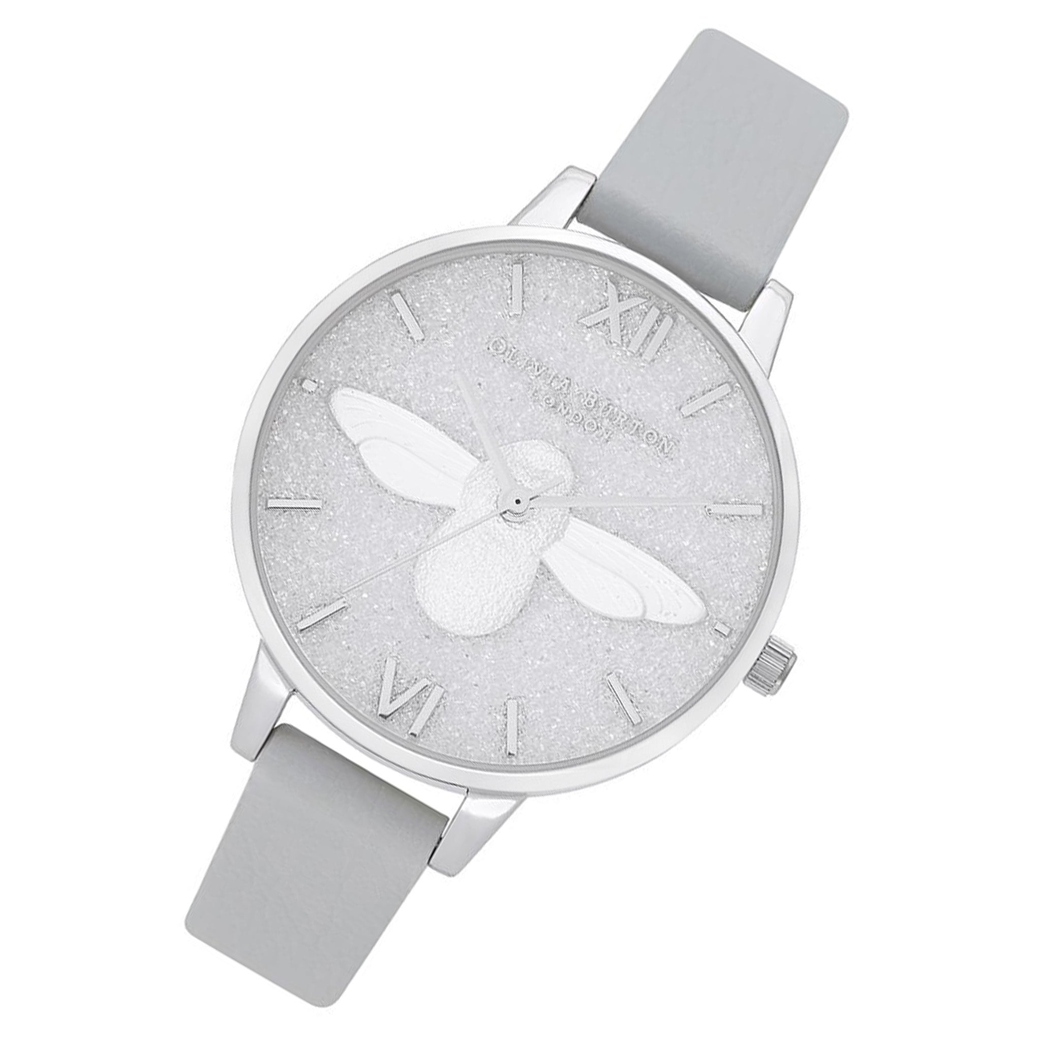 Olivia Burton 3D Bee Glitter Eco Light Grey Leather Women's Watch - OB16GD52