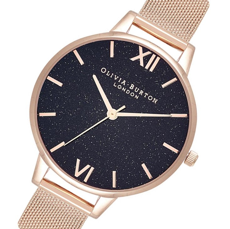 Olivia Burton Demi Black Glitter Dial & Rose Gold Mesh Women's Watch - OB16GD76