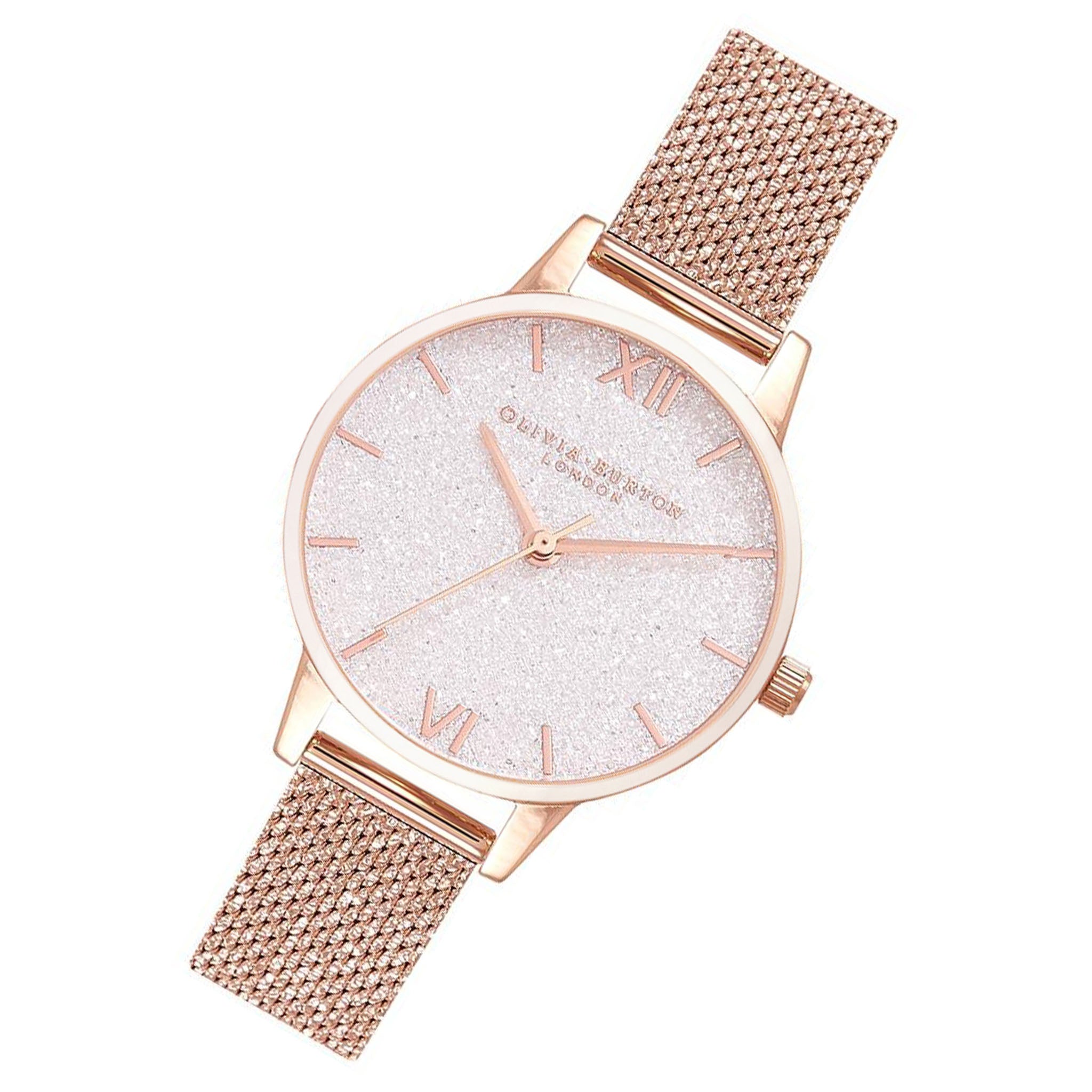 Olivia Burton Midi Rose Gold Mesh White Glitter Dial Women's Watch - OB16GD81