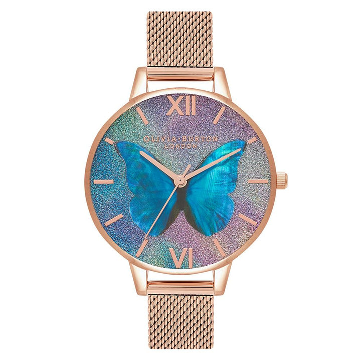 Olivia Burton Glitter Demi Dial Mother Of Pearl Butterfly Rose Gold Mesh Women's Watch - OB16MB35
