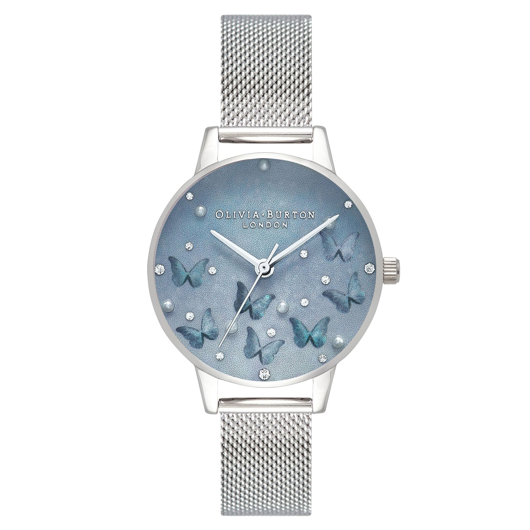 Olivia Burton Pale Blue Mother of Pearl Butterflies & Faux Pearl Midi Dial Silver Mesh Women's Slim Watch - OB16MB36