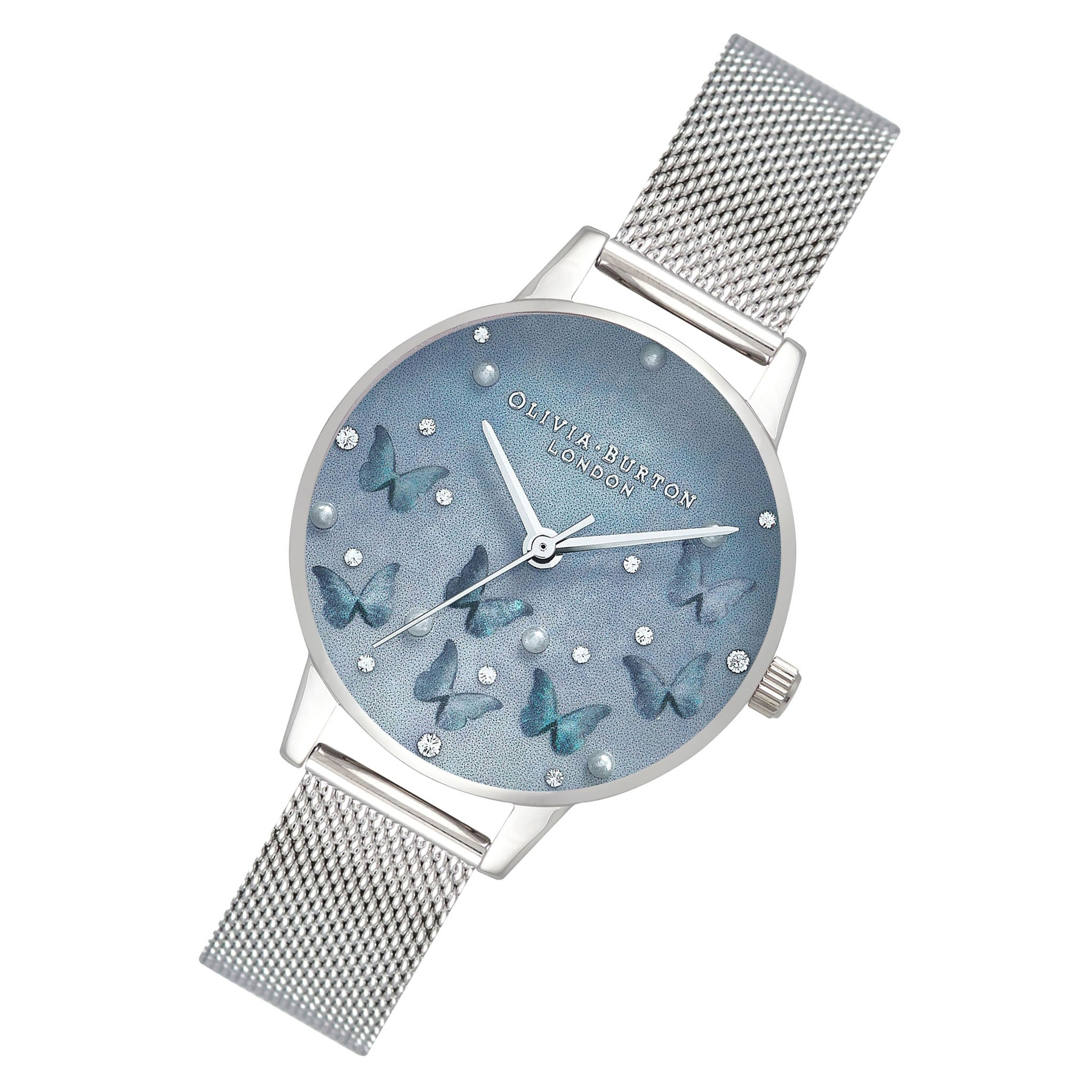 Olivia Burton Pale Blue Mother of Pearl Butterflies & Faux Pearl Midi Dial Silver Mesh Women's Slim Watch - OB16MB36