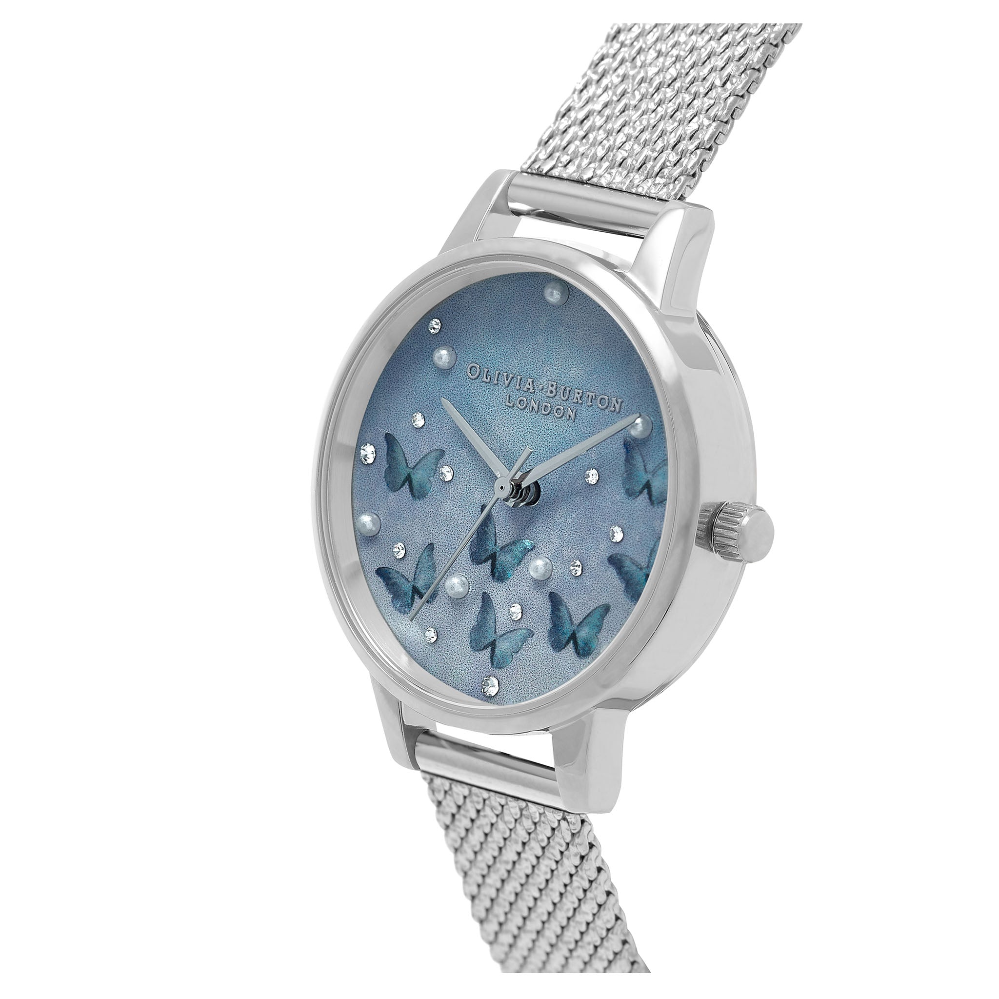 Olivia Burton Pale Blue Mother of Pearl Butterflies & Faux Pearl Midi Dial Silver Mesh Women's Slim Watch - OB16MB36
