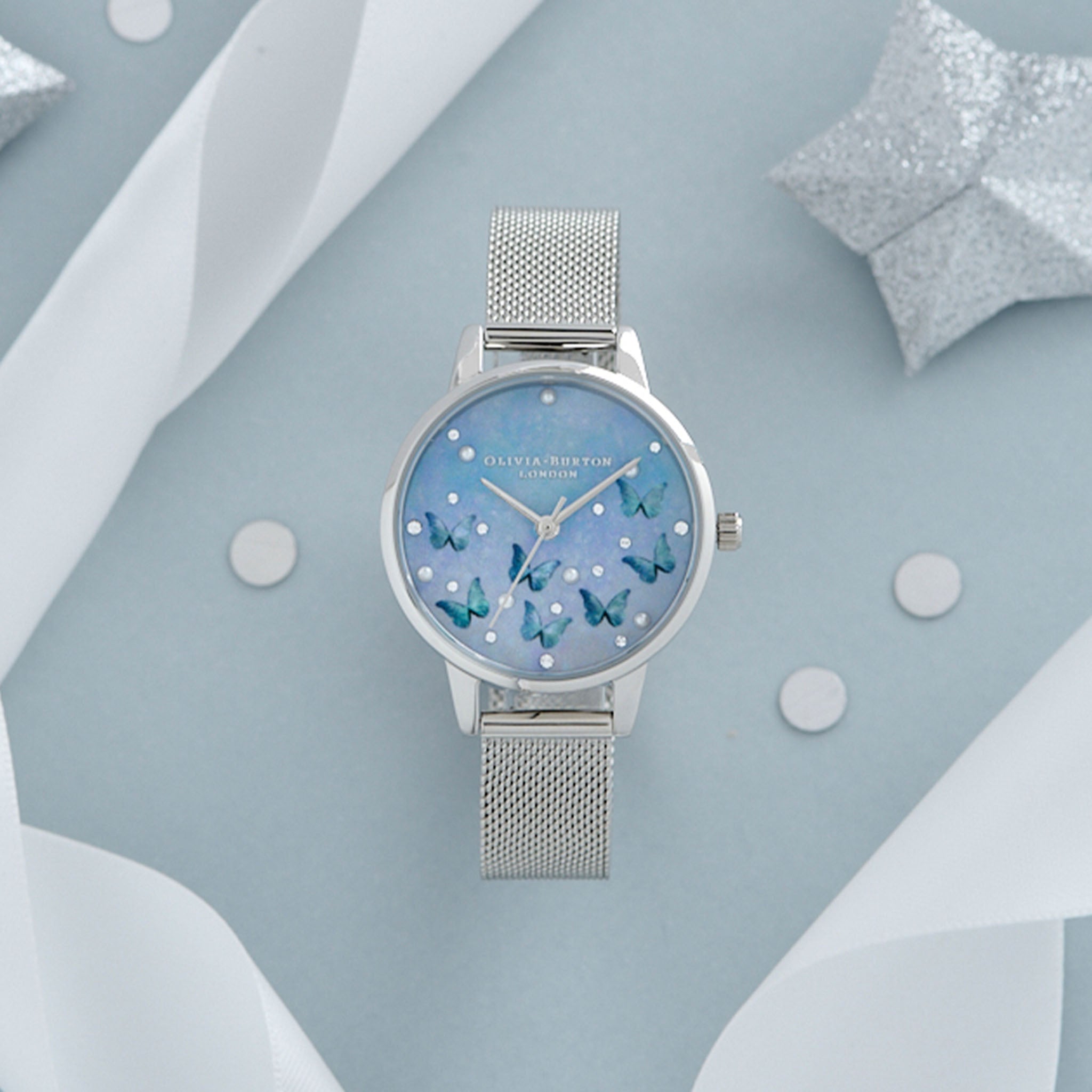 Olivia Burton Pale Blue Mother of Pearl Butterflies & Faux Pearl Midi Dial Silver Mesh Women's Slim Watch - OB16MB36