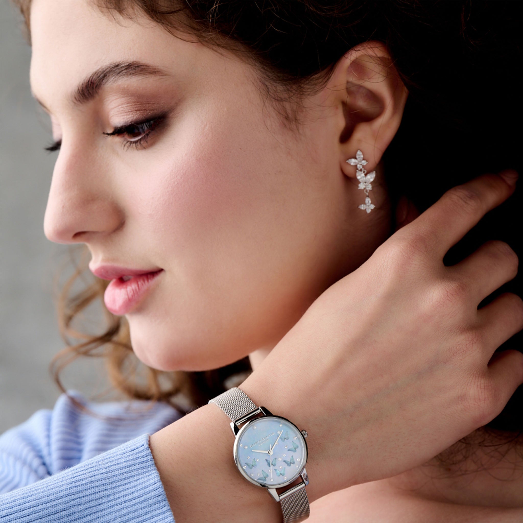 Olivia Burton Pale Blue Mother of Pearl Butterflies & Faux Pearl Midi Dial Silver Mesh Women's Slim Watch - OB16MB36